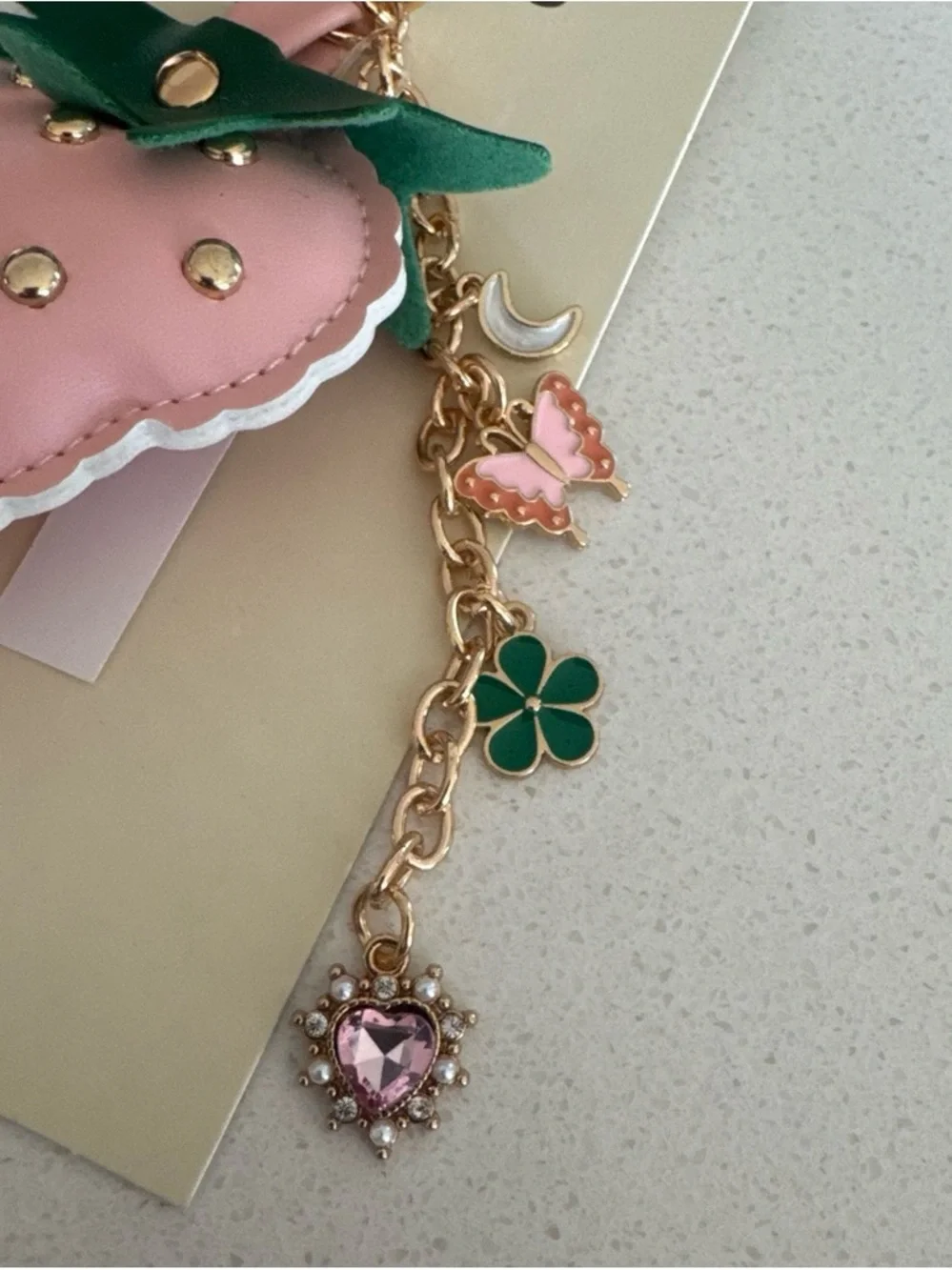No Boundaries Pink Strawberry Key & Card Holder Charm with Gold Accents